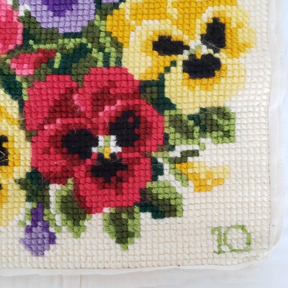 Vintage Completed Pillow Top 16x16 Needlepoint Needlework Pansy Flowers - Picture 5 of 8